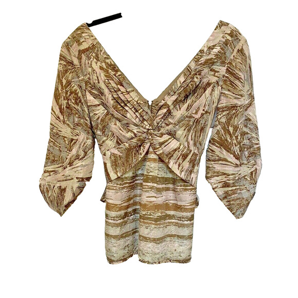 BCBG MaxAzria Silk Top Tan Watercolor Print 3/4 sleeves v-neck tieback dressy S - Picture 5 of 7